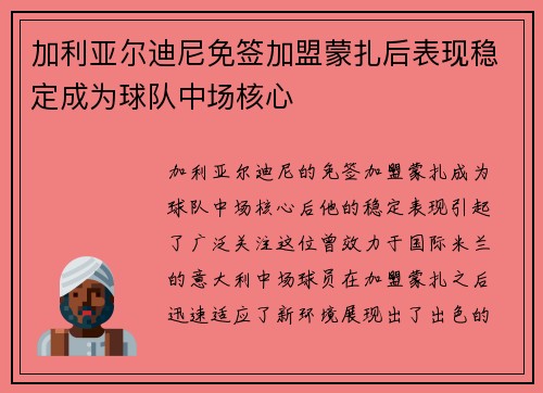 加利亚尔迪尼免签加盟蒙扎后表现稳定成为球队中场核心