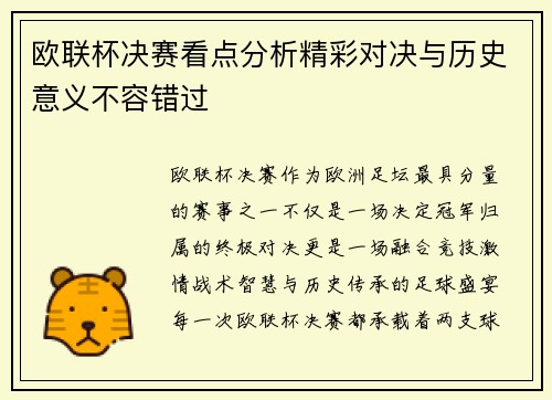 欧联杯决赛看点分析精彩对决与历史意义不容错过